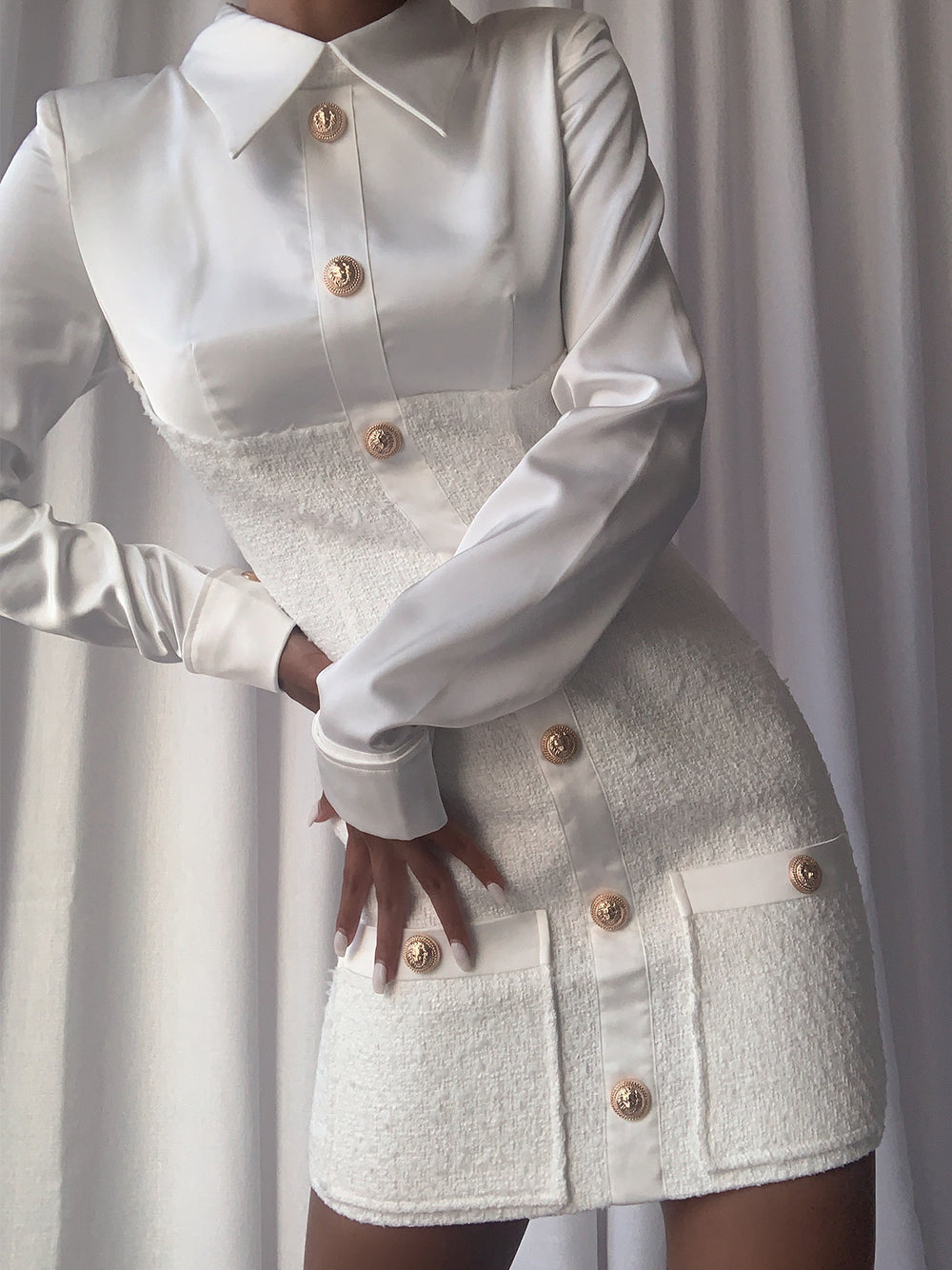 Tweed Overlay Shirt Collar Long Sleeve Button Front Mini Dress