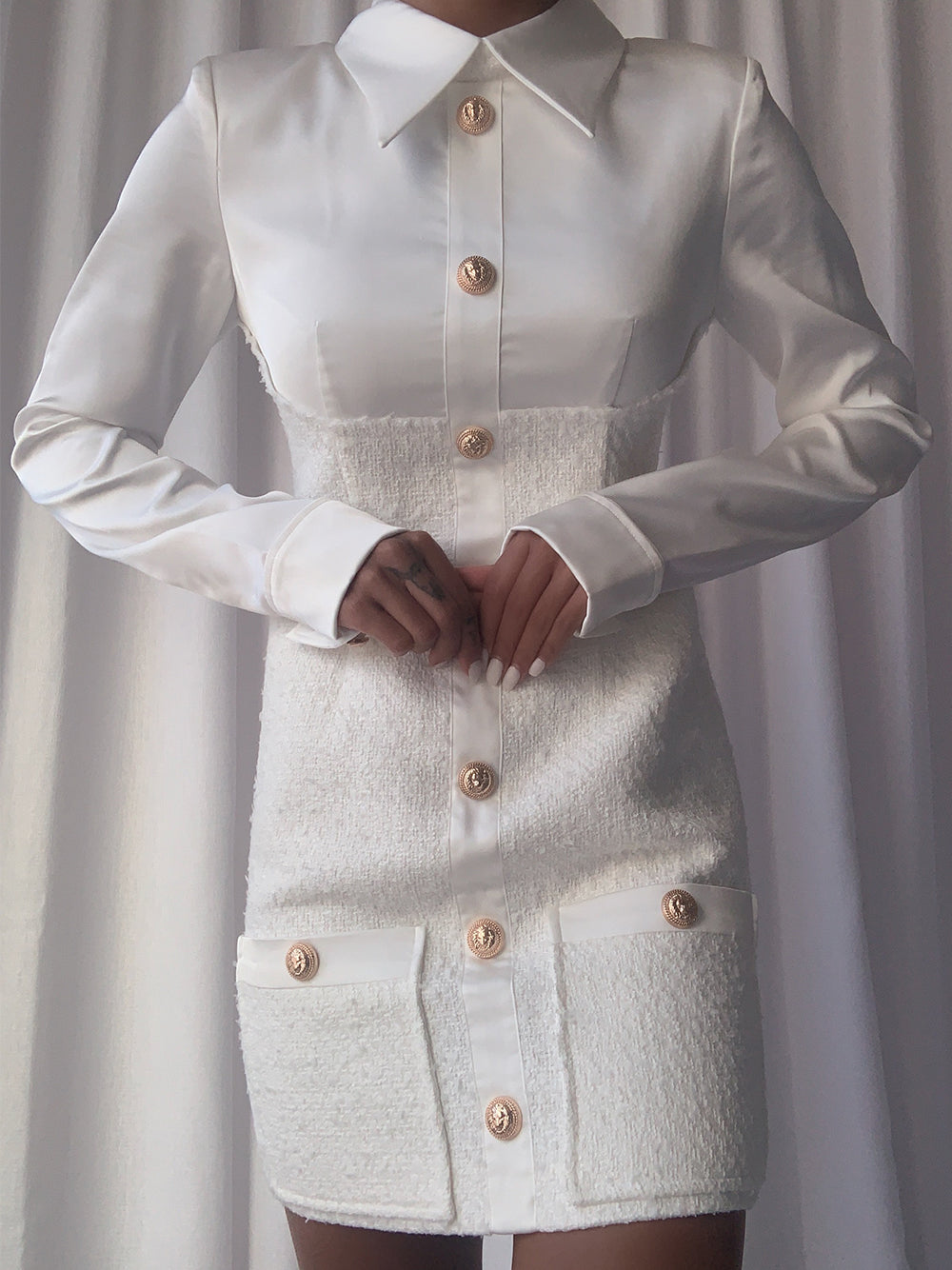 Tweed Overlay Shirt Collar Long Sleeve Button Front Mini Dress