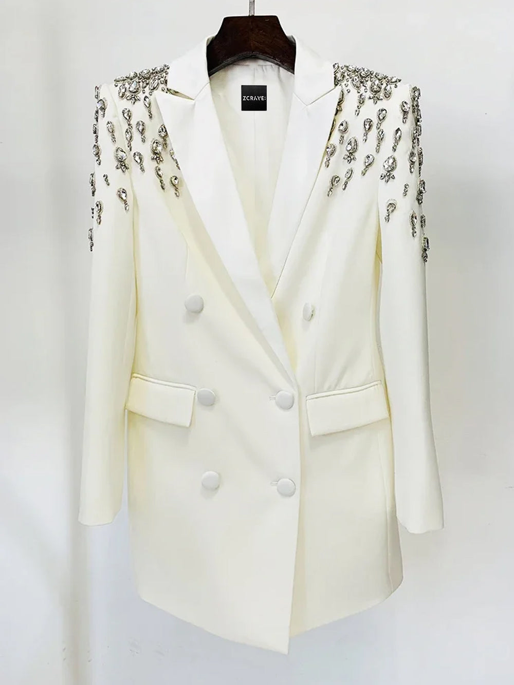Rhinestone Crystal Embellished Peaked Lapel Double Breasted Blazer Mini Dress