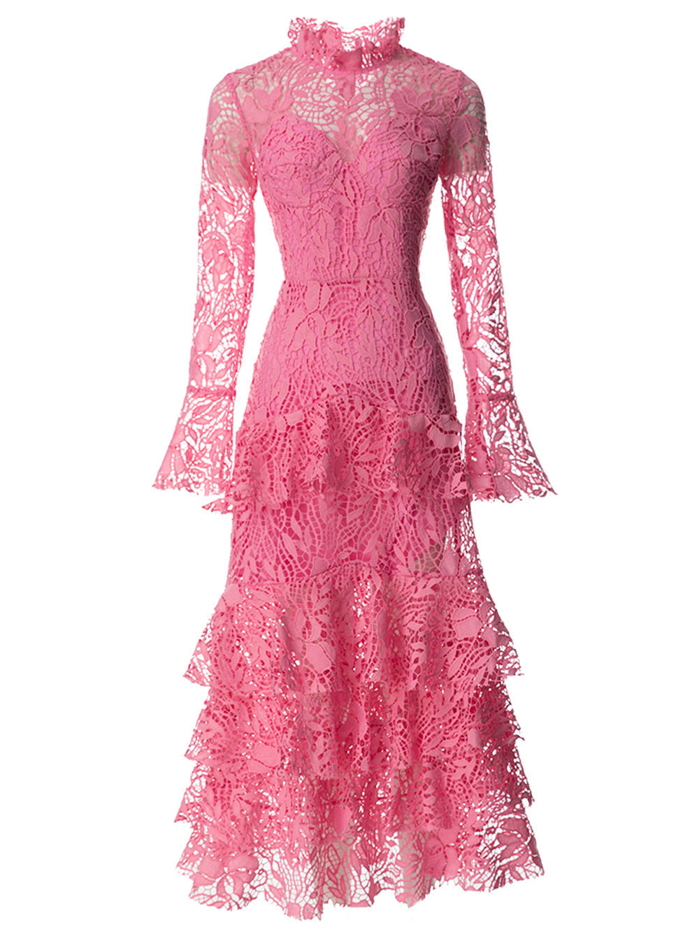Lace Ruffle Mock Neck Flare Long Sleeve Tiered Midi Dress