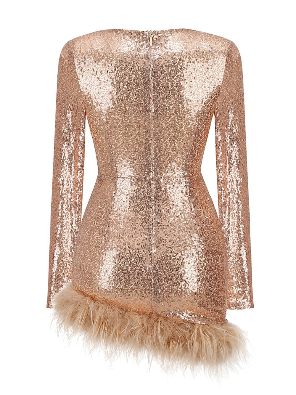 Sequin One Shoulder Feather Trim Cut Out Bodycon Mini Dress