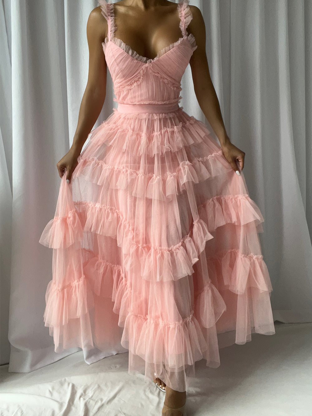 Tulle Ruffle Strap V-Neck Tiered Ruffle Maxi Dress