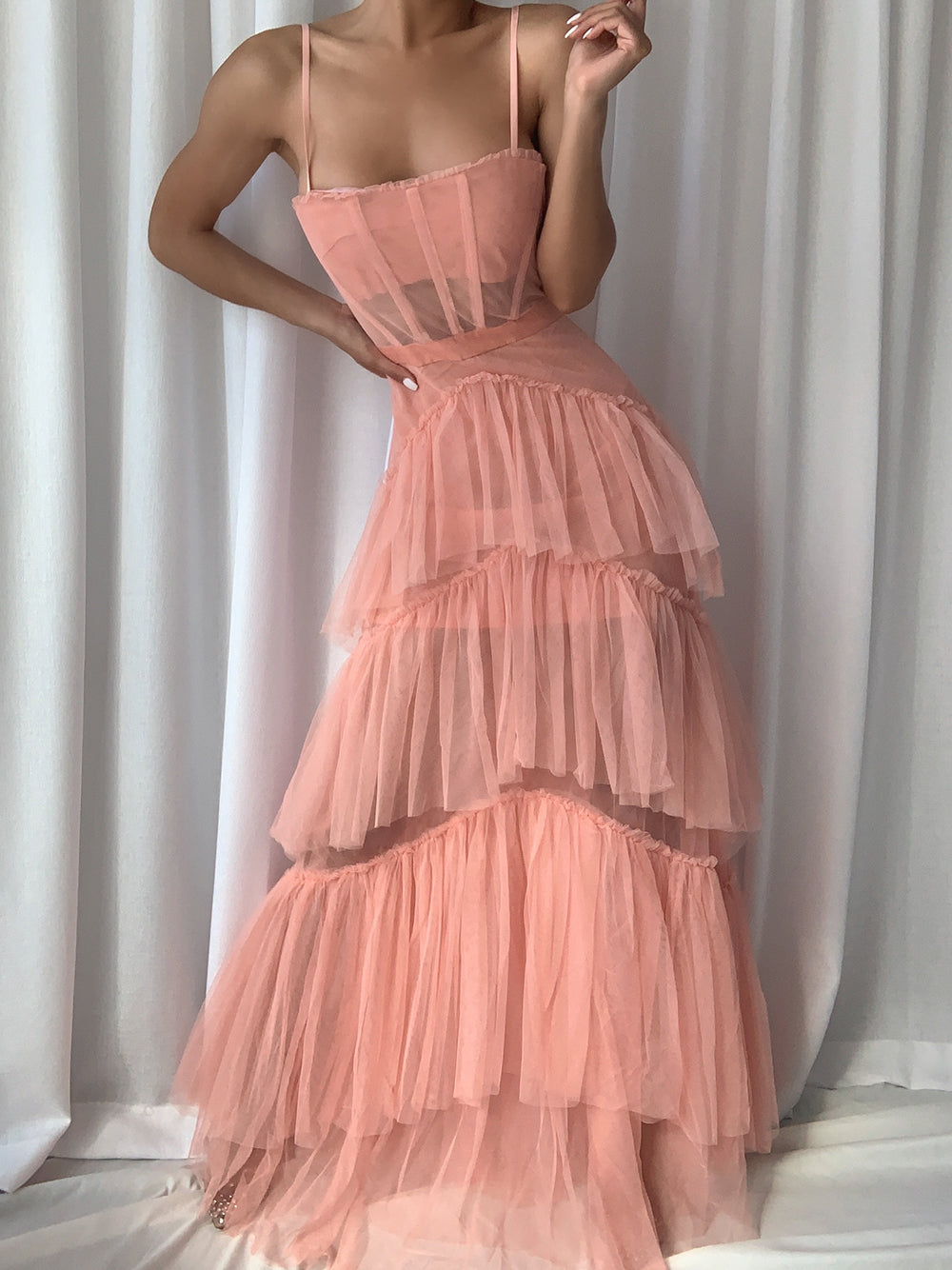 Tulle Spaghetti Strap Corset Boned Bodice Diagonal Tier Ruffle Maxi Gown