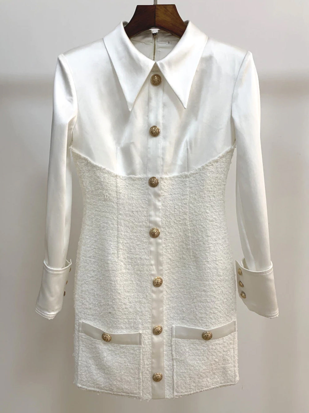 Tweed Overlay Shirt Collar Long Sleeve Button Front Mini Dress