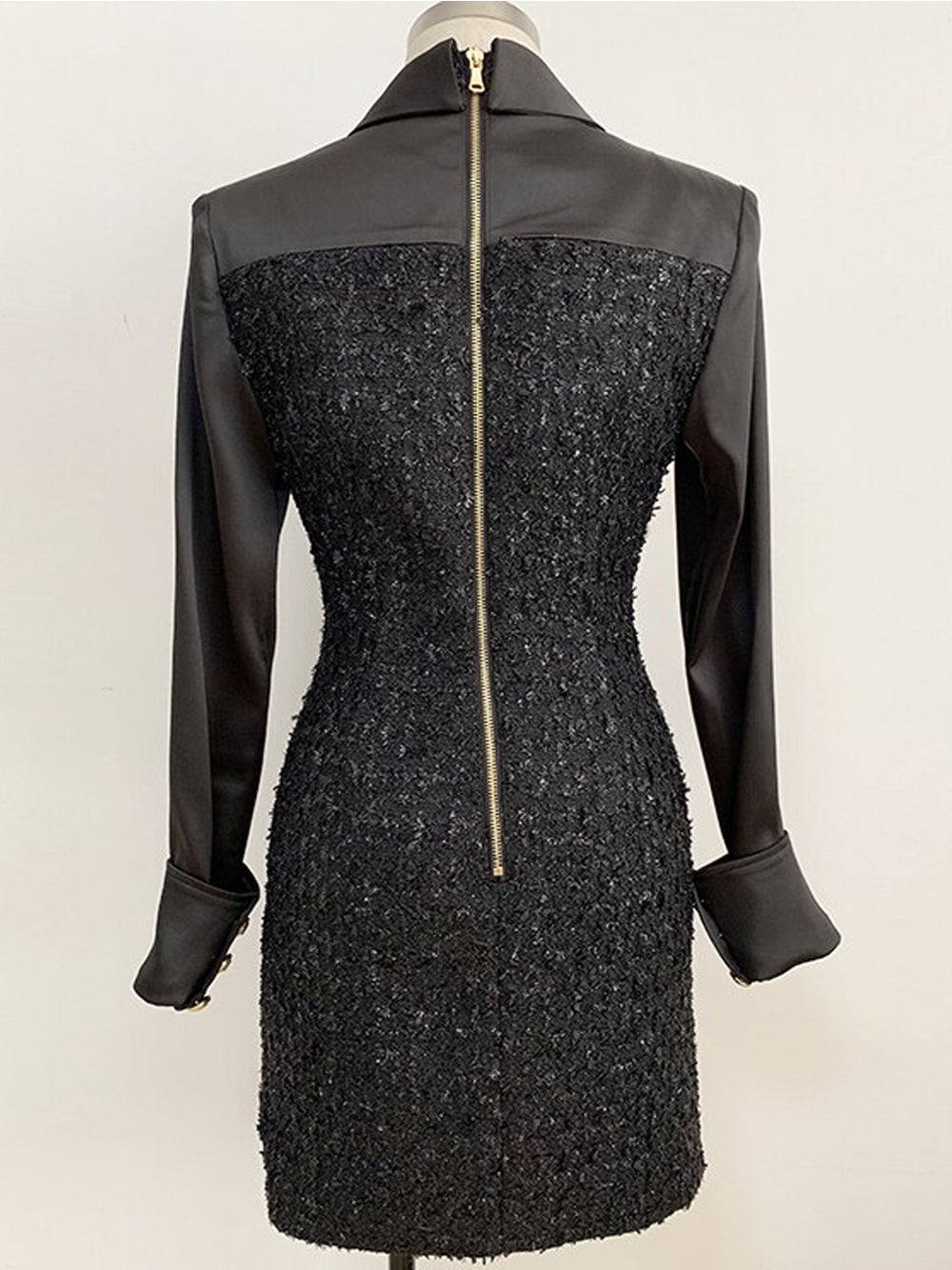 Tweed Boucle Satin Collar Long Sleeve Button Front Flap Pocket Mini Dress