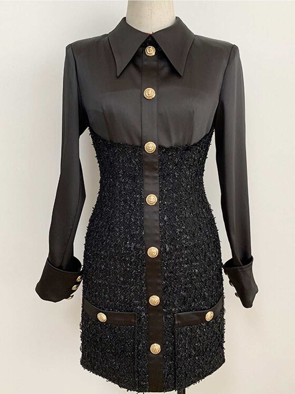 Tweed Boucle Satin Collar Long Sleeve Button Front Flap Pocket Mini Dress