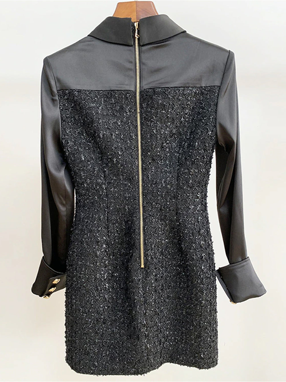 Tweed Boucle Satin Collar Long Sleeve Button Front Flap Pocket Mini Dress