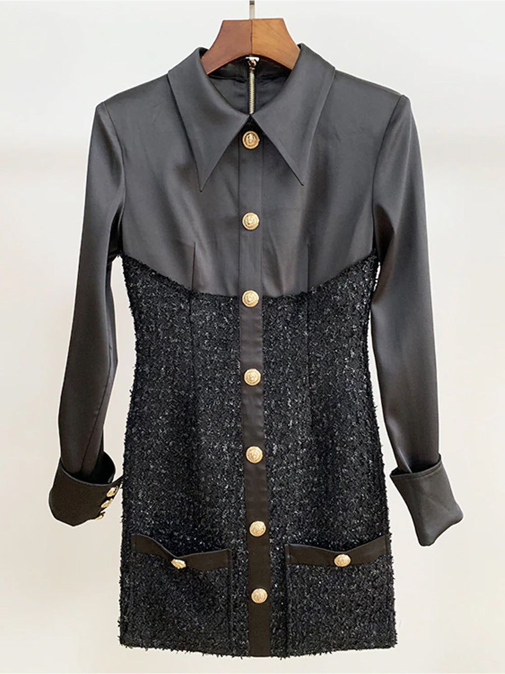 Tweed Boucle Satin Collar Long Sleeve Button Front Flap Pocket Mini Dress