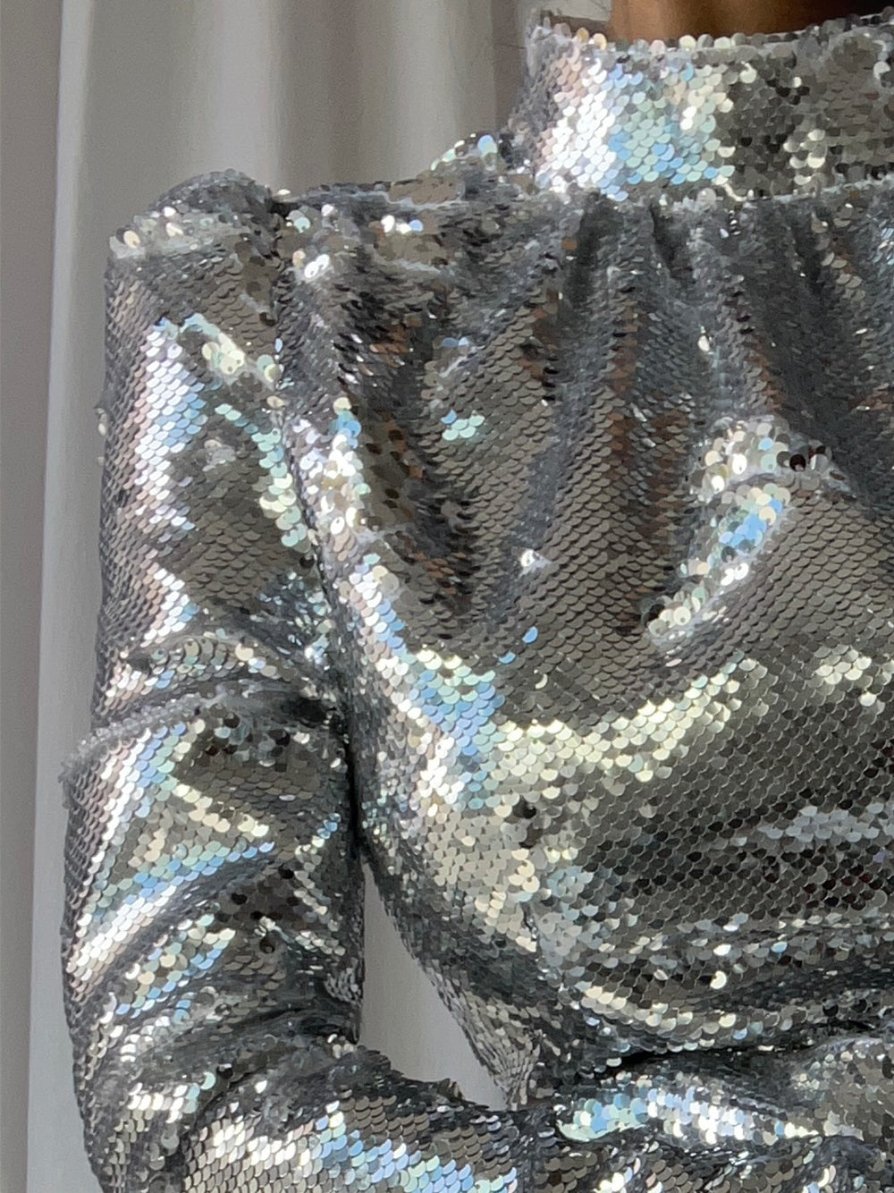 Sequin High Neck Long Sleeve Ruffle Hem Mini Party Dress