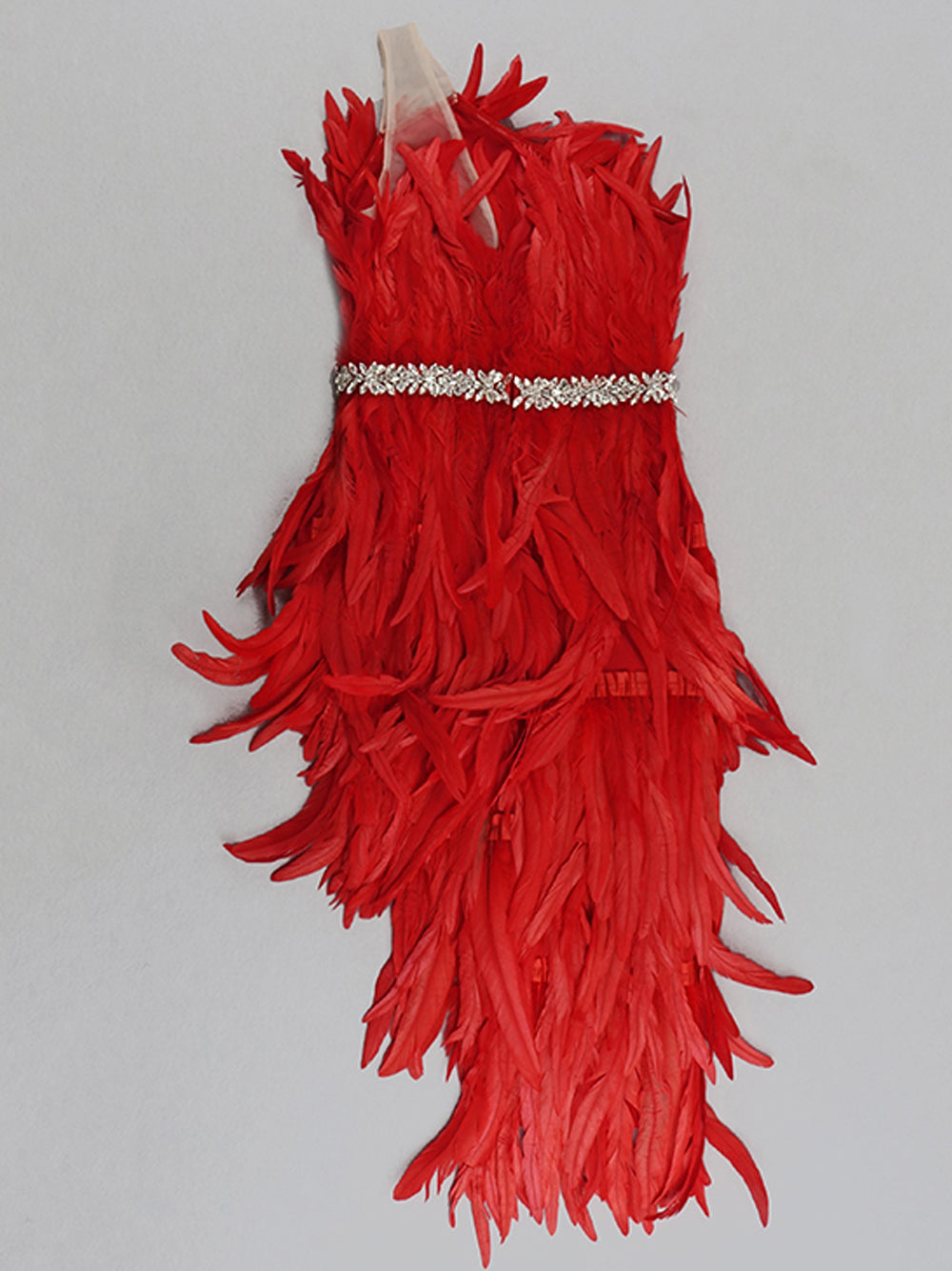 Strapless Rhinestone Belt Asymmetric Feather Hem Bodycon Mini Dress