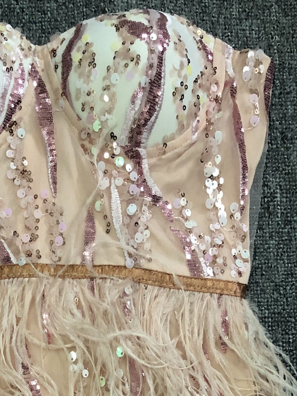 Sequin Strapless Sweetheart Bustier Feather Mini Dress
