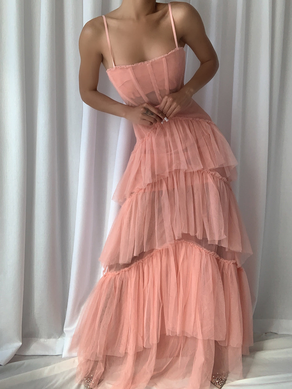 Tulle Spaghetti Strap Corset Boned Bodice Diagonal Tier Ruffle Maxi Gown
