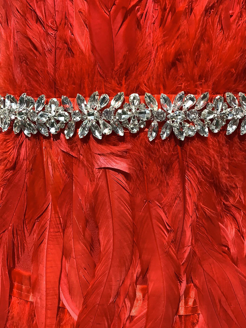 Strapless Rhinestone Belt Asymmetric Feather Hem Bodycon Mini Dress