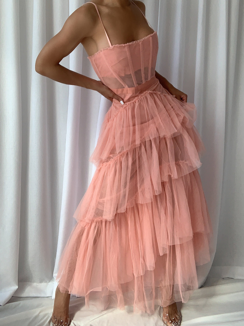 Tulle Spaghetti Strap Corset Boned Bodice Diagonal Tier Ruffle Maxi Gown