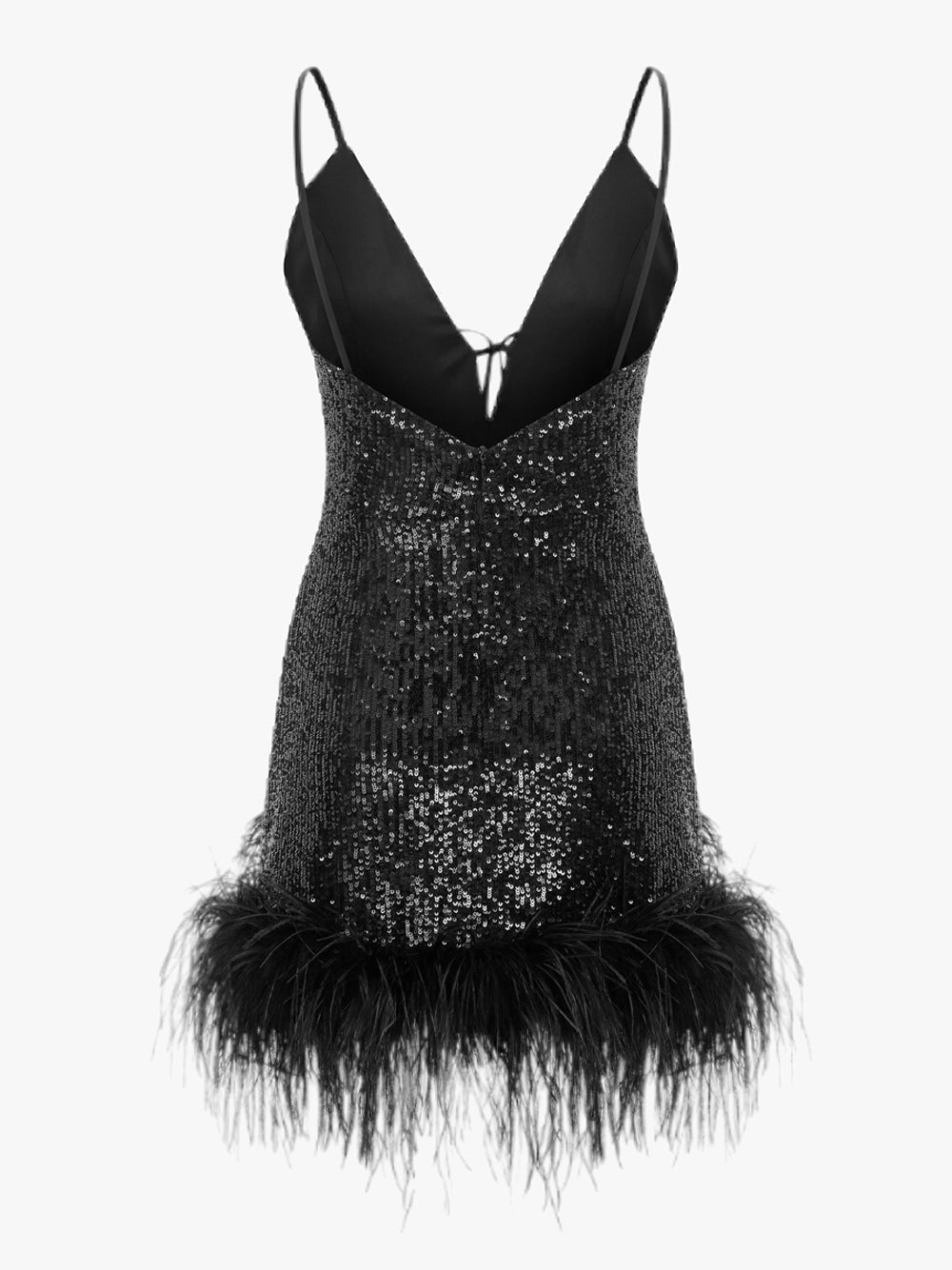 Sequin Deep V-Neck Spaghetti Strap Feather Hem Bodycon Mini Dress