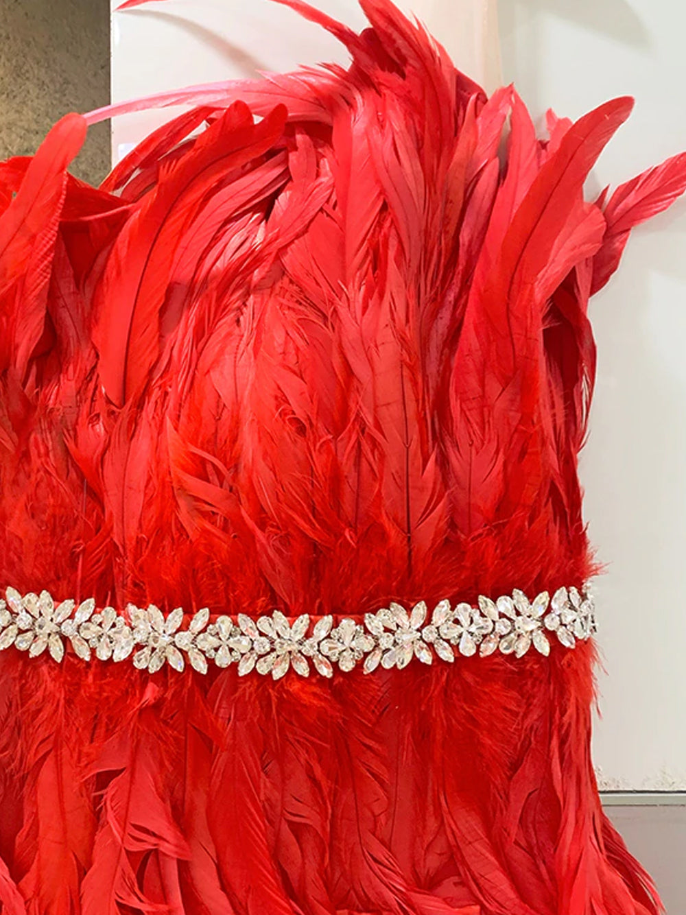 Strapless Rhinestone Belt Asymmetric Feather Hem Bodycon Mini Dress
