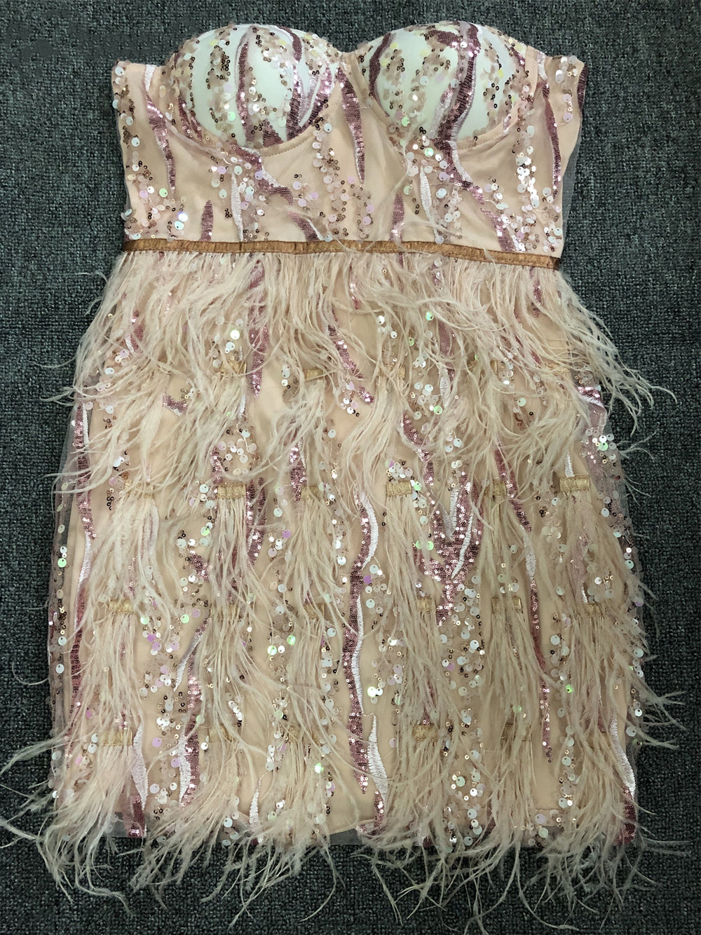 Sequin Strapless Sweetheart Bustier Feather Mini Dress