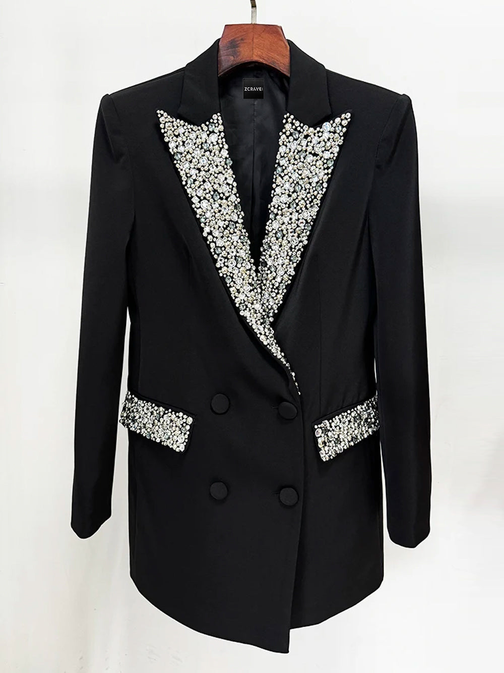 Rhinestone Crystal Embellished Double Breasted Long Sleeve Plunging V-Neck Blazer Mini Dress