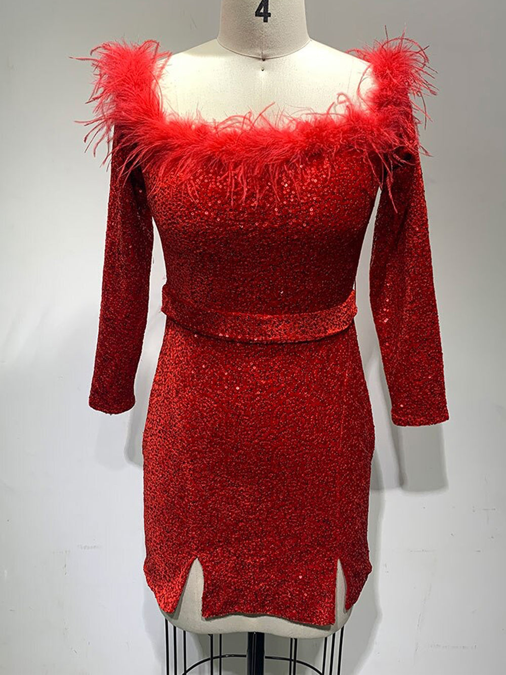 Sequin Off Shoulder Feather Trim Long Sleeve Bodycon Mini Dress