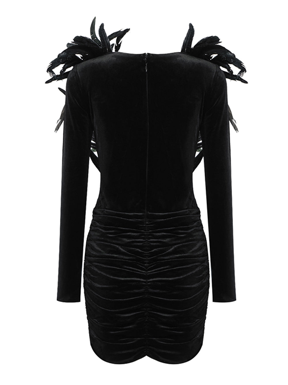 Velvet Deep V-Neck Long Sleeve Feather Bodice Ruched Beaded Applique Mini Dress