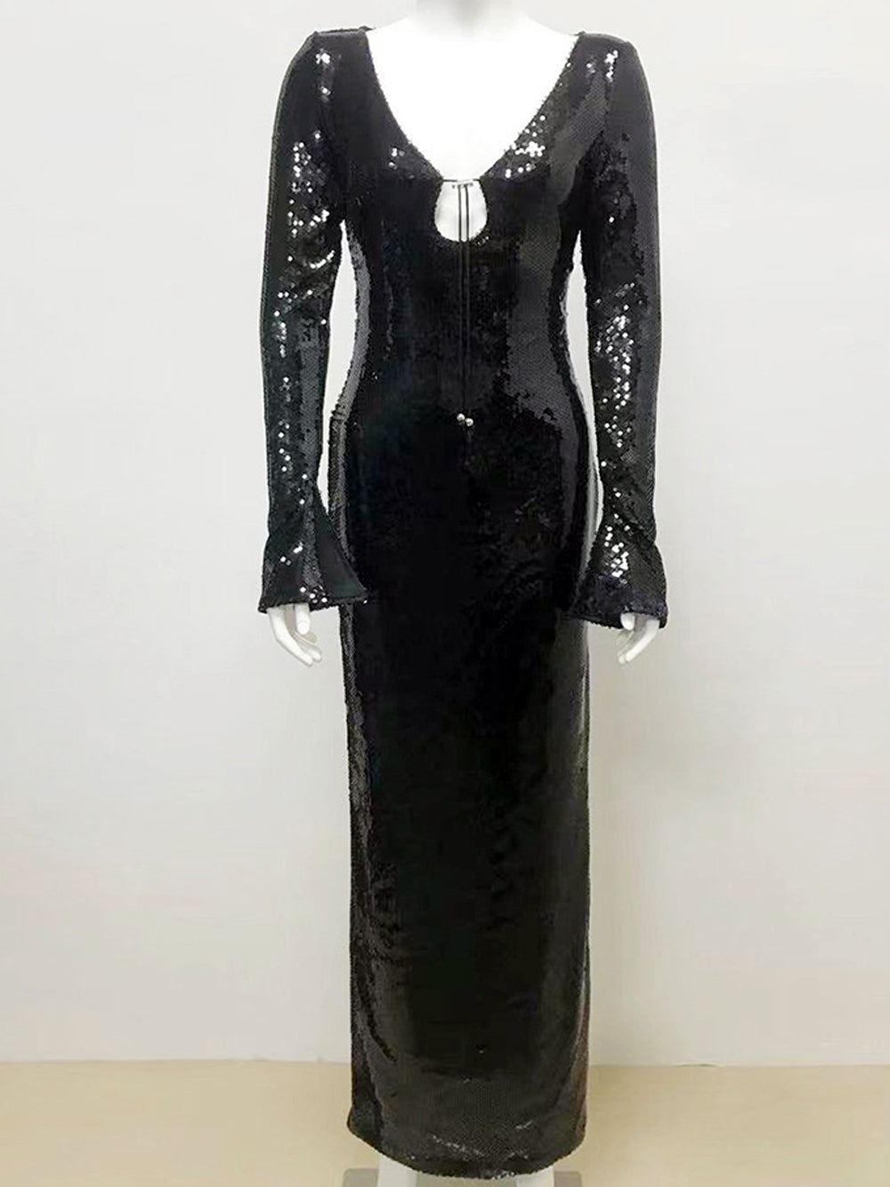 Sequin Deep V-Neck Tie Front Keyhole Long Sleeve Bodycon Maxi Gown