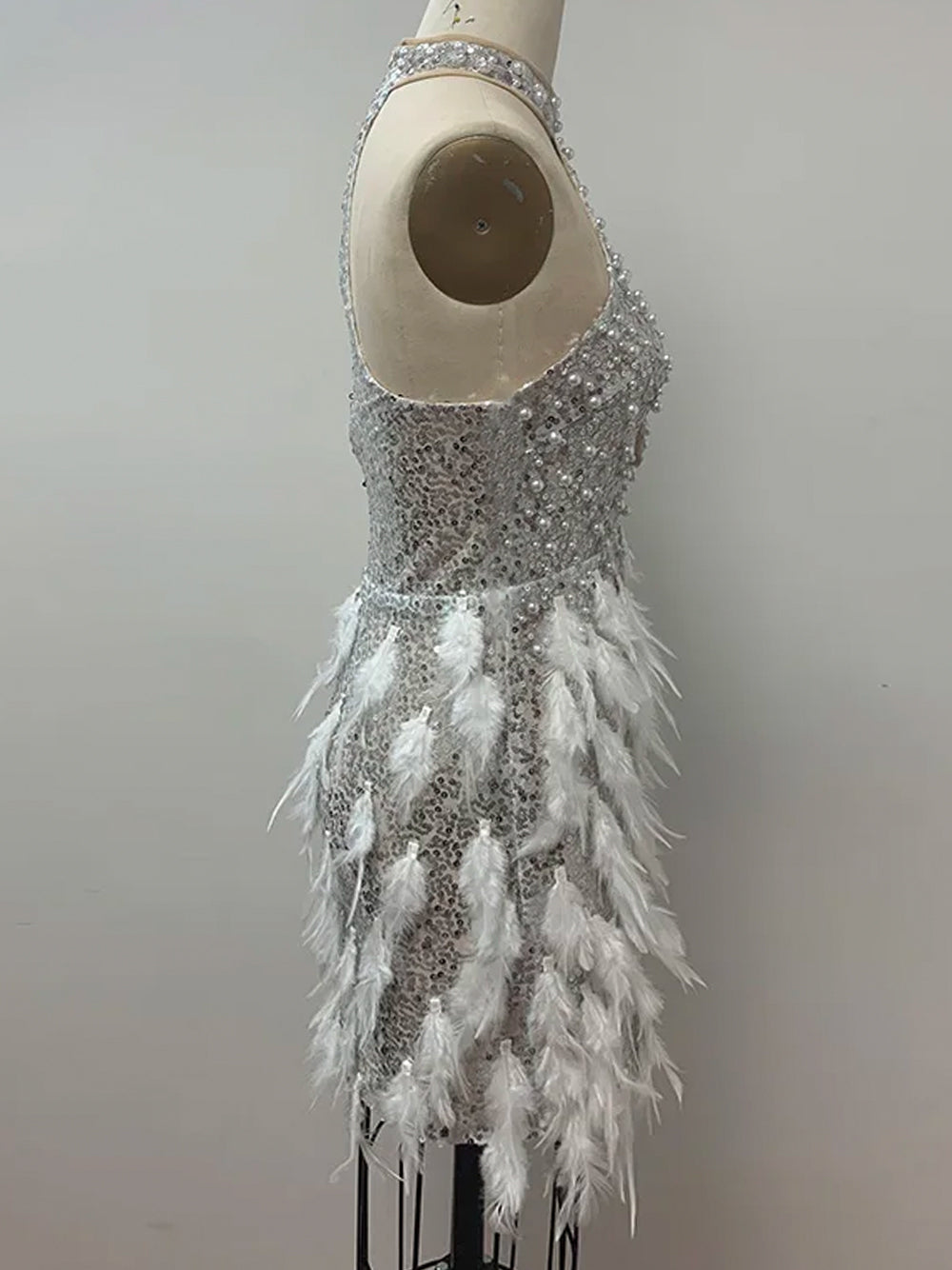 Sequin Halter Neck Plunge Feather Skirt Mini Dress