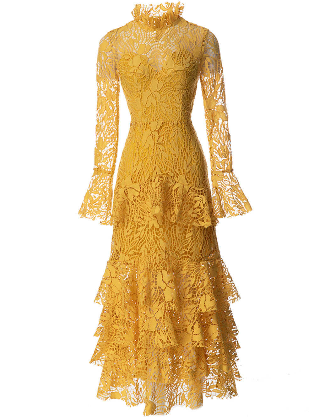 Guipure Lace Ruffle Mock Neck Bell Sleeve Tiered Midi Dress