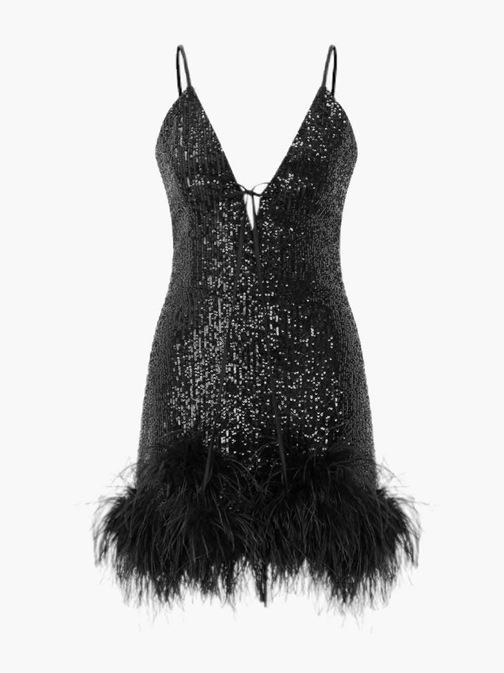 Sequin Deep V-Neck Spaghetti Strap Feather Hem Bodycon Mini Dress