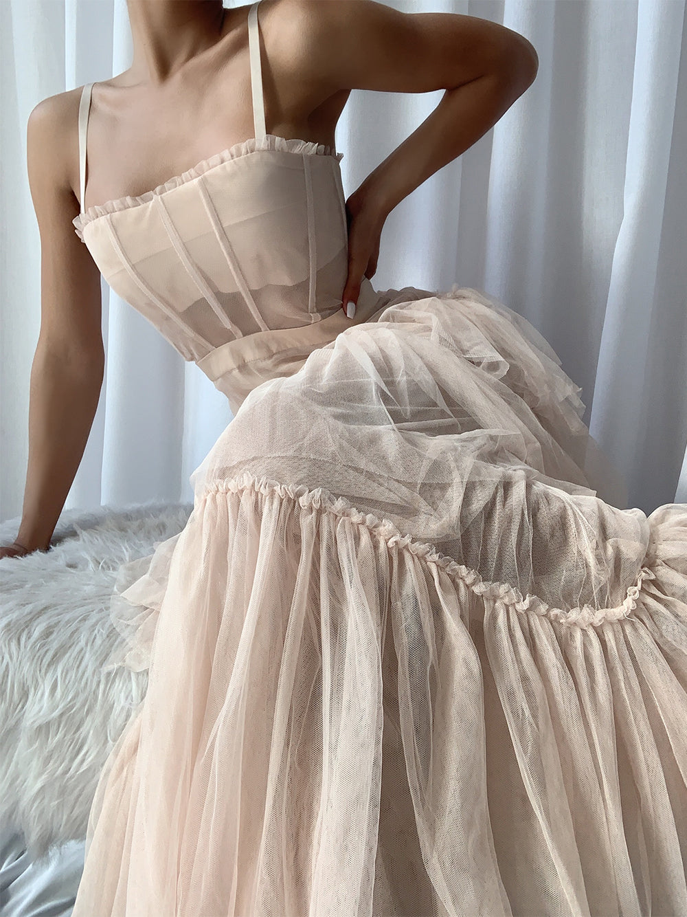 Tulle Corset Bodice Chevron Tiered Ruffle Spaghetti Strap Maxi Gown