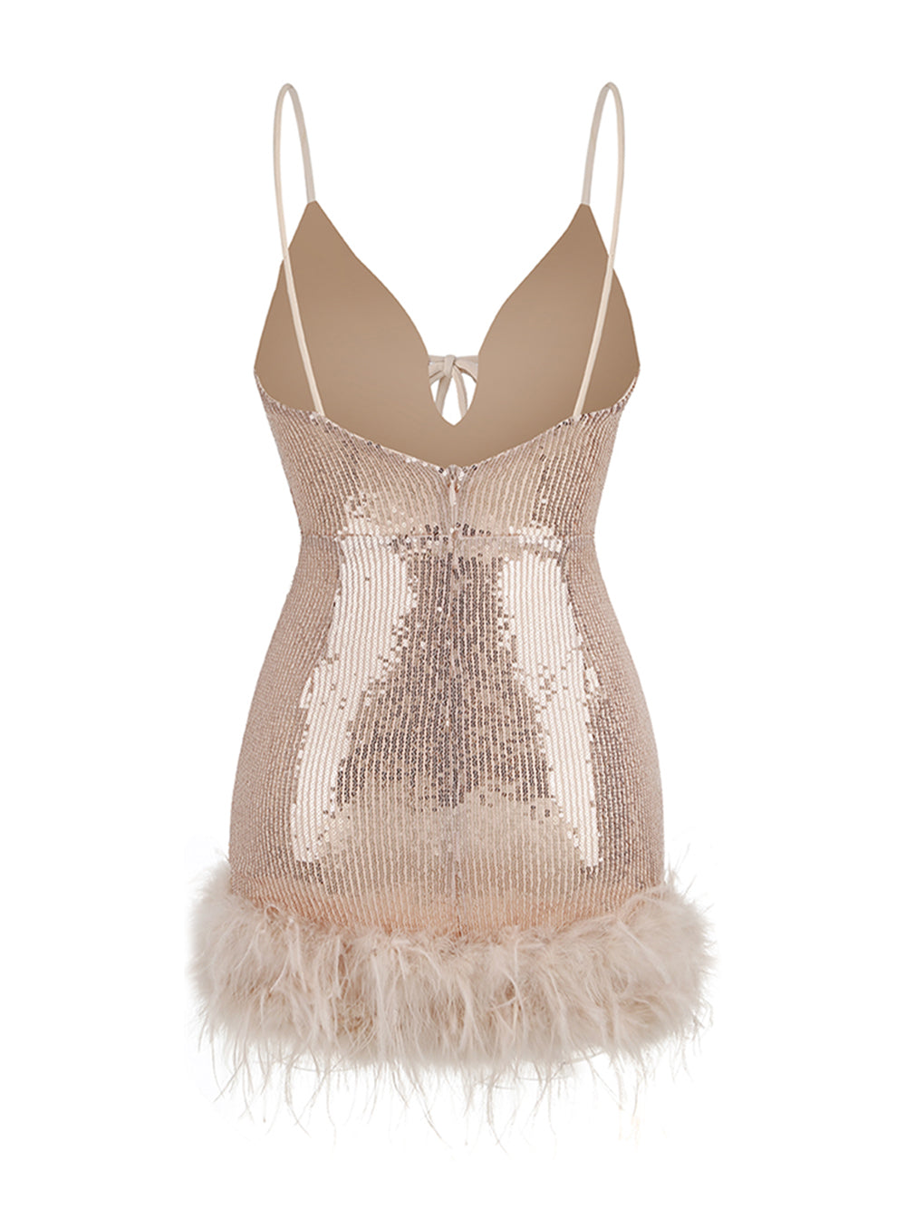Sequin Deep V-Neck Spaghetti Strap Feather Hem Bodycon Mini Dress