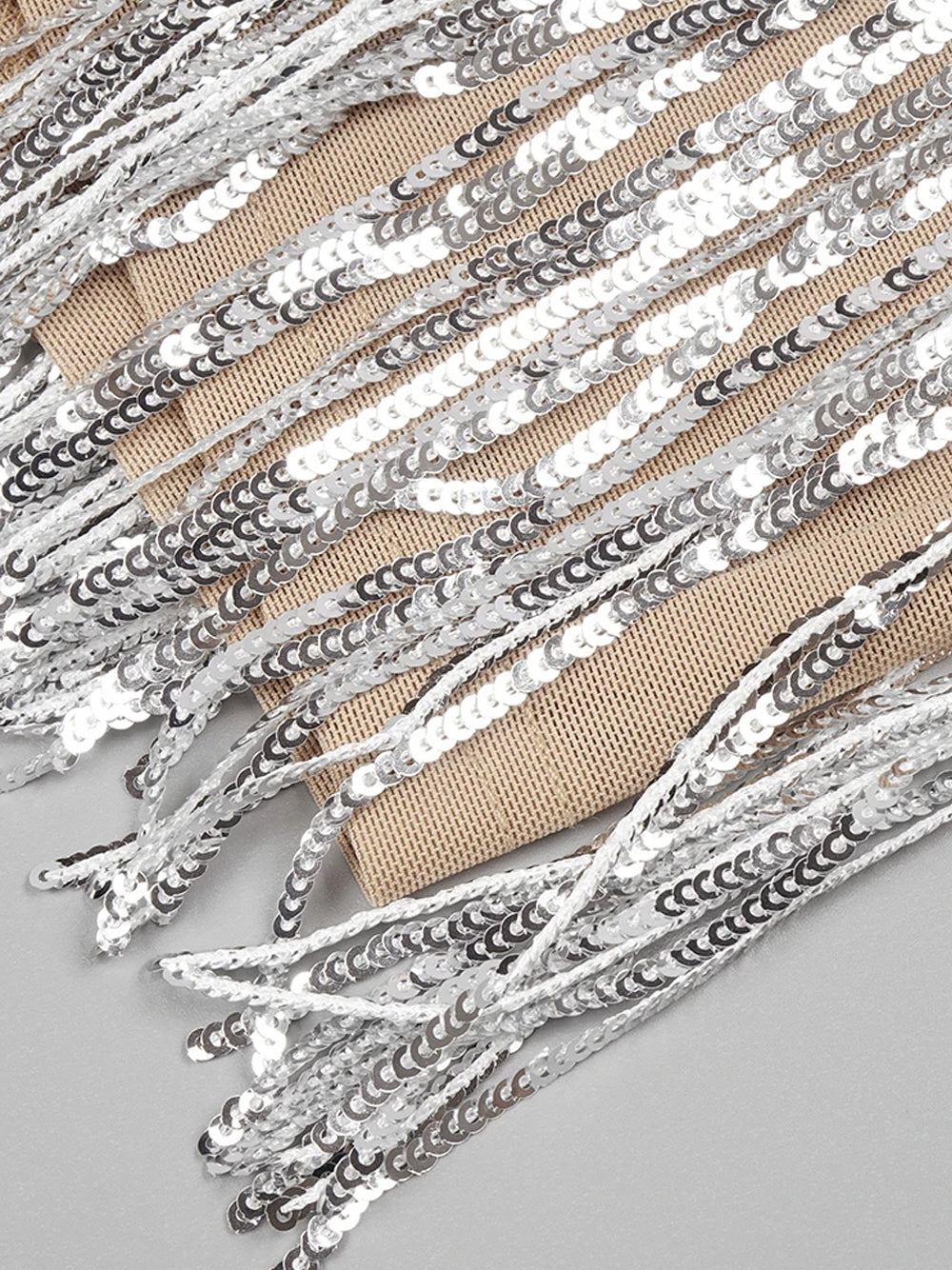 Sequin Rhinestone Halter Neck Mesh Tiered Fringe Bodycon Maxi Gown