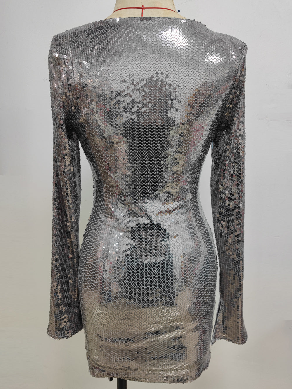 Sequin Deep V-Neck Long Sleeve Bodycon Mini Dress