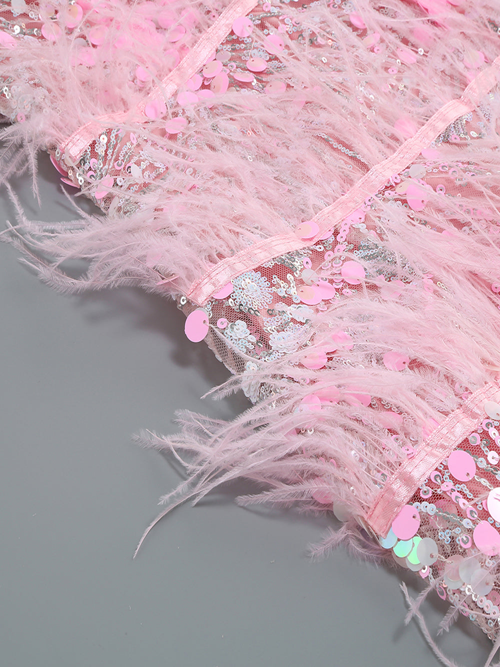 Sequin Feather Trim Strapless Tiered Bodycon Mini Dress