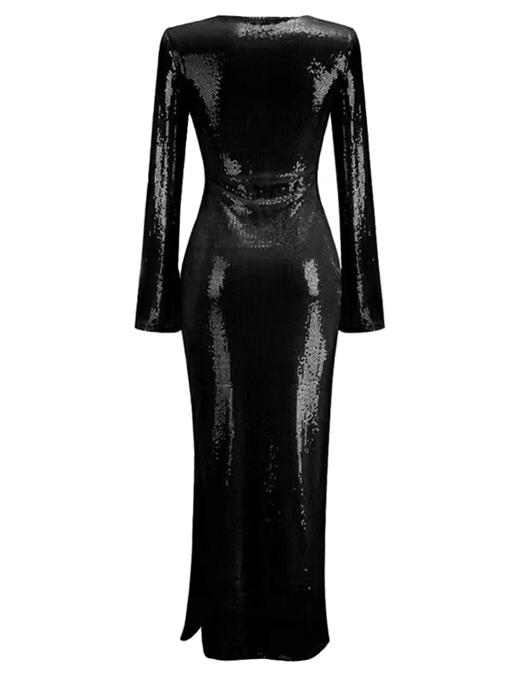 Sequin Deep V-Neck Tie Front Keyhole Long Sleeve Bodycon Maxi Gown