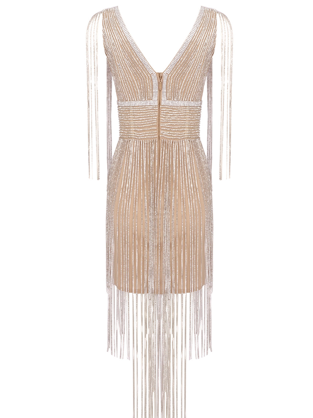 Rhinestone Deep V-Neck Sleeveless Long Fringe Bodycon Mini Dress