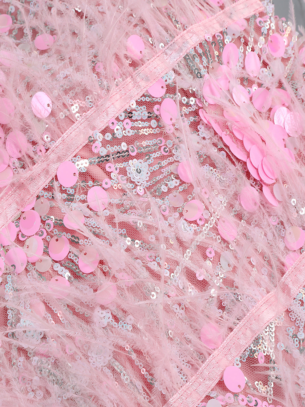 Sequin Feather Trim Strapless Tiered Bodycon Mini Dress
