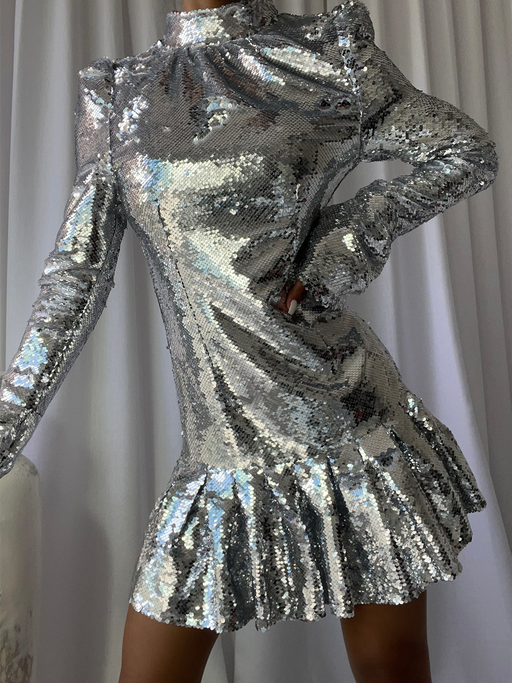 Sequin High Neck Long Sleeve Ruffle Hem Mini Party Dress
