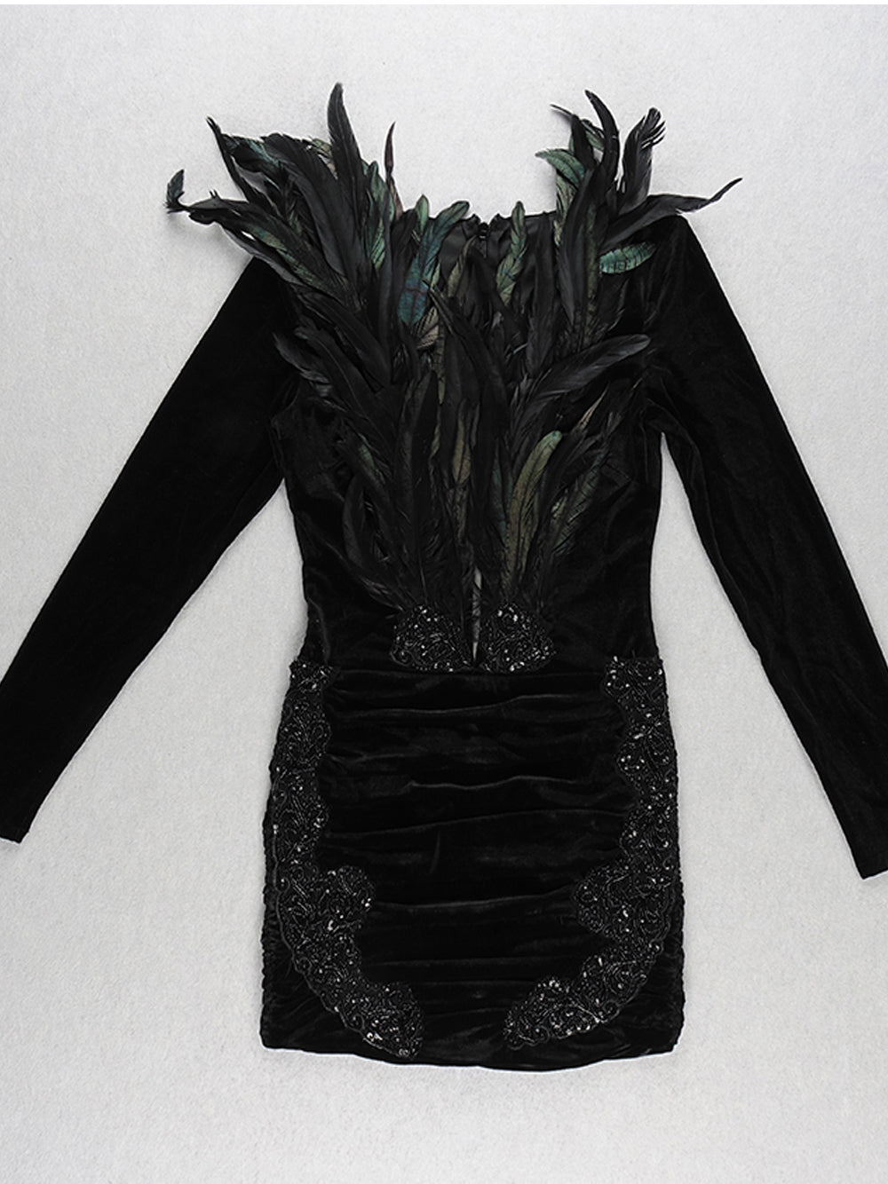 Velvet Deep V-Neck Long Sleeve Feather Bodice Ruched Beaded Applique Mini Dress