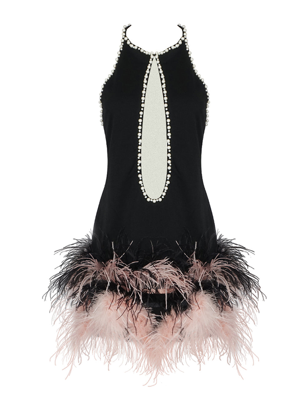 Pearl Trim Halter Neck Mesh Cut Out Feather Fringe Bodycon Mini Dress