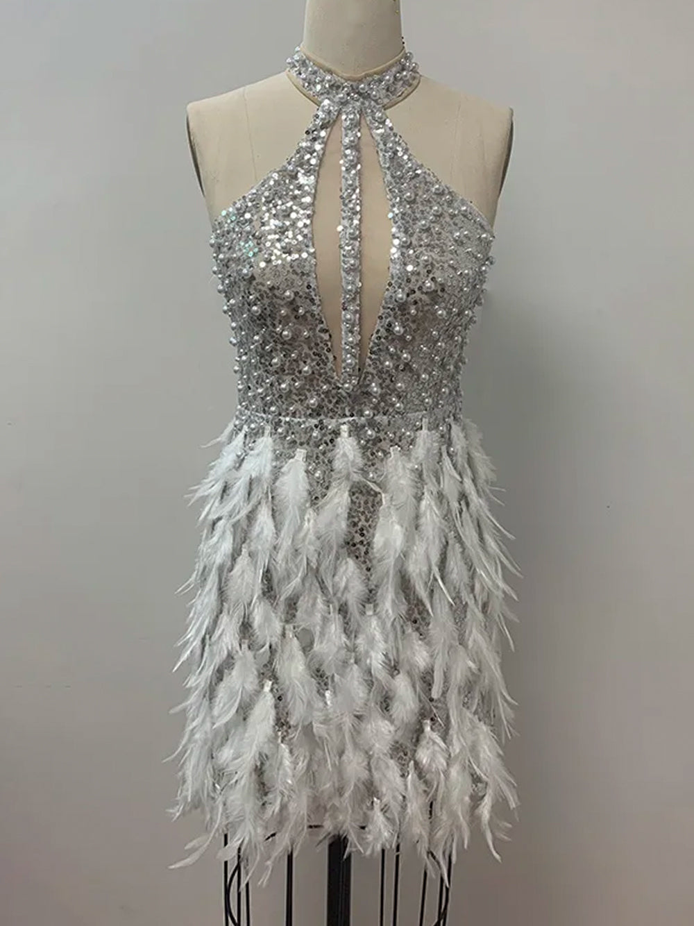 Sequin Halter Neck Plunge Feather Skirt Mini Dress
