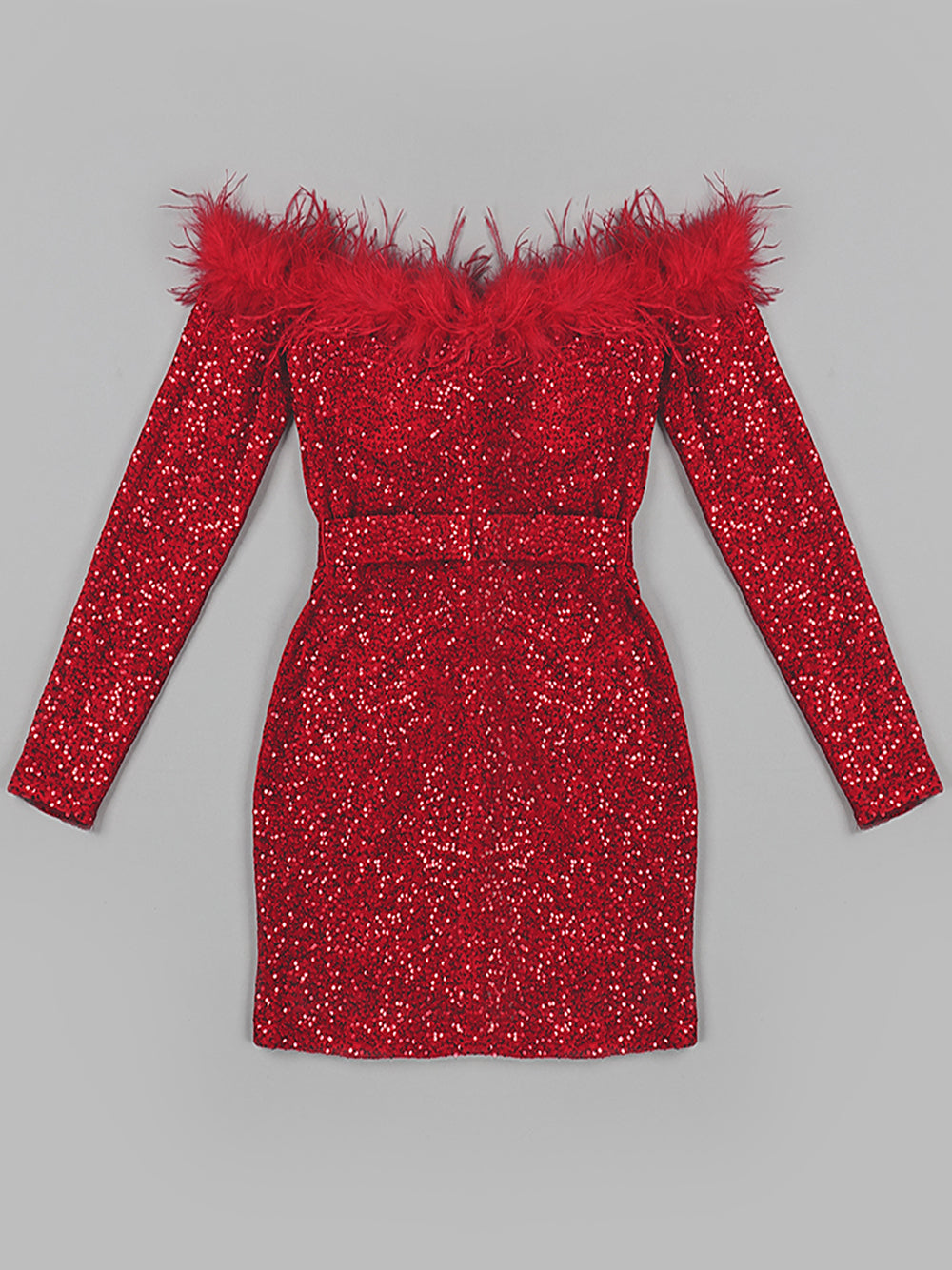 Sequin Off Shoulder Feather Trim Long Sleeve Bodycon Mini Dress