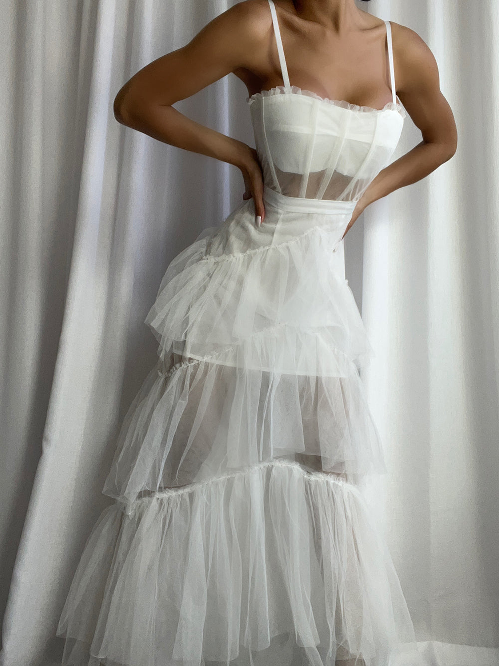 Tulle Corset Bodice Spaghetti Strap Tiered Ruffle Maxi Gown