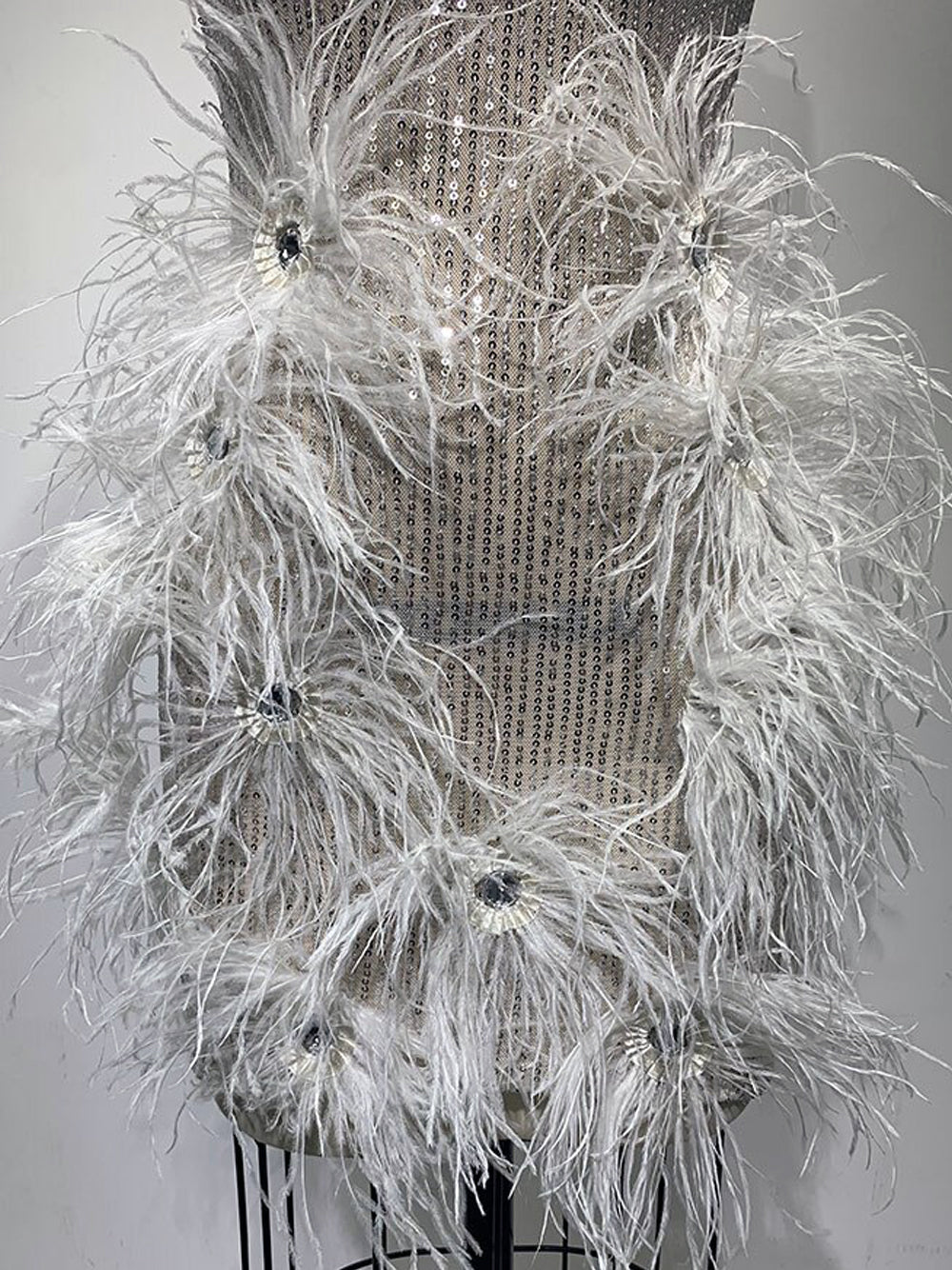 Spaghetti Strap Deep V-Neck Sequin Feather Burst Crystal Trim Mini Dress