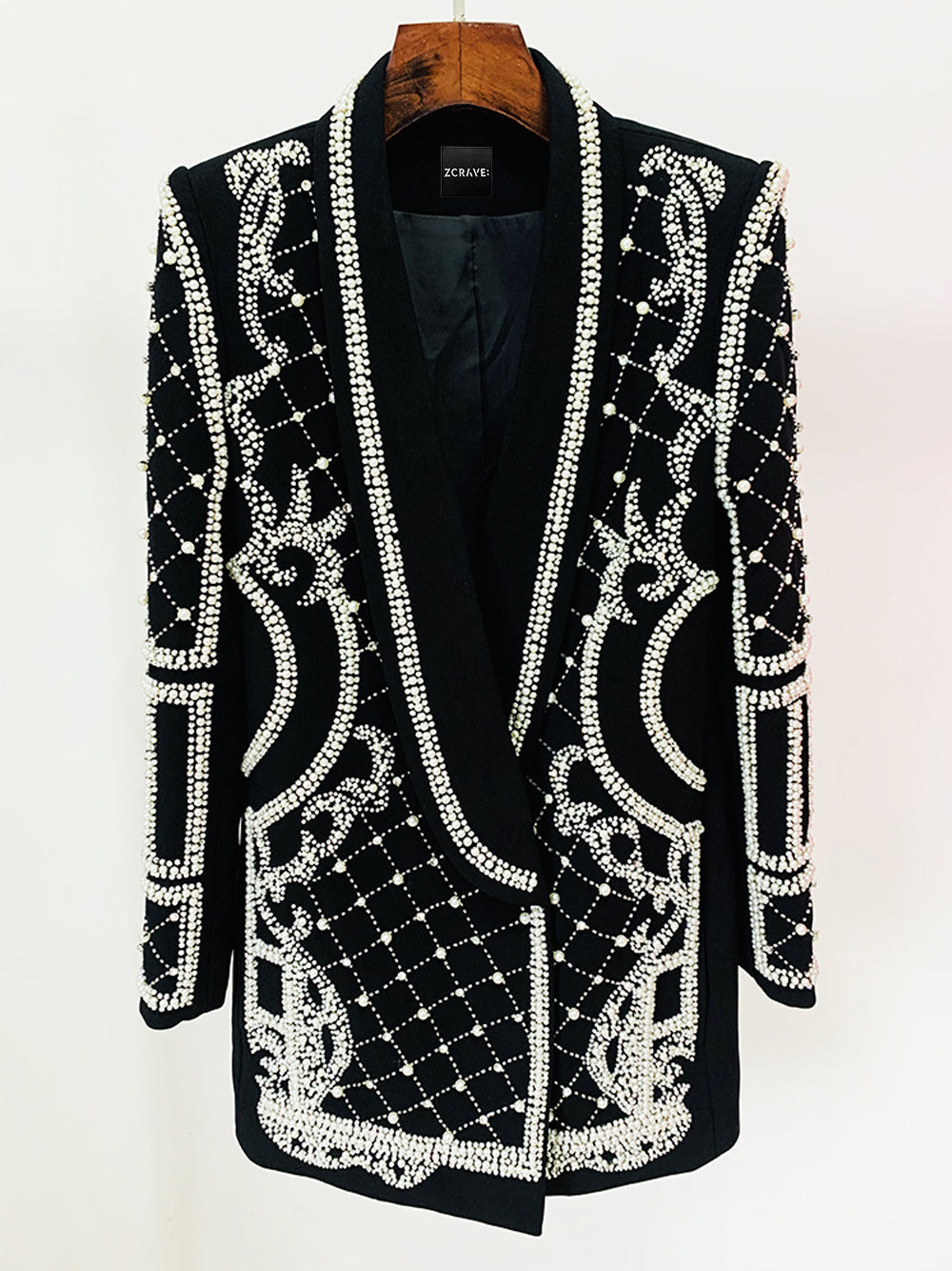 Pearl Beaded Rhinestone Grid Long Sleeve Deep V Blazer Mini Dress
