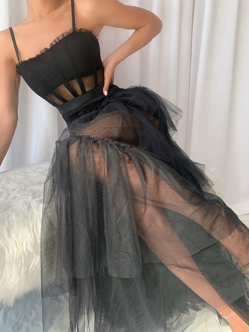 Mesh Corset Bodice Spaghetti Strap Tiered Tulle Maxi Gown