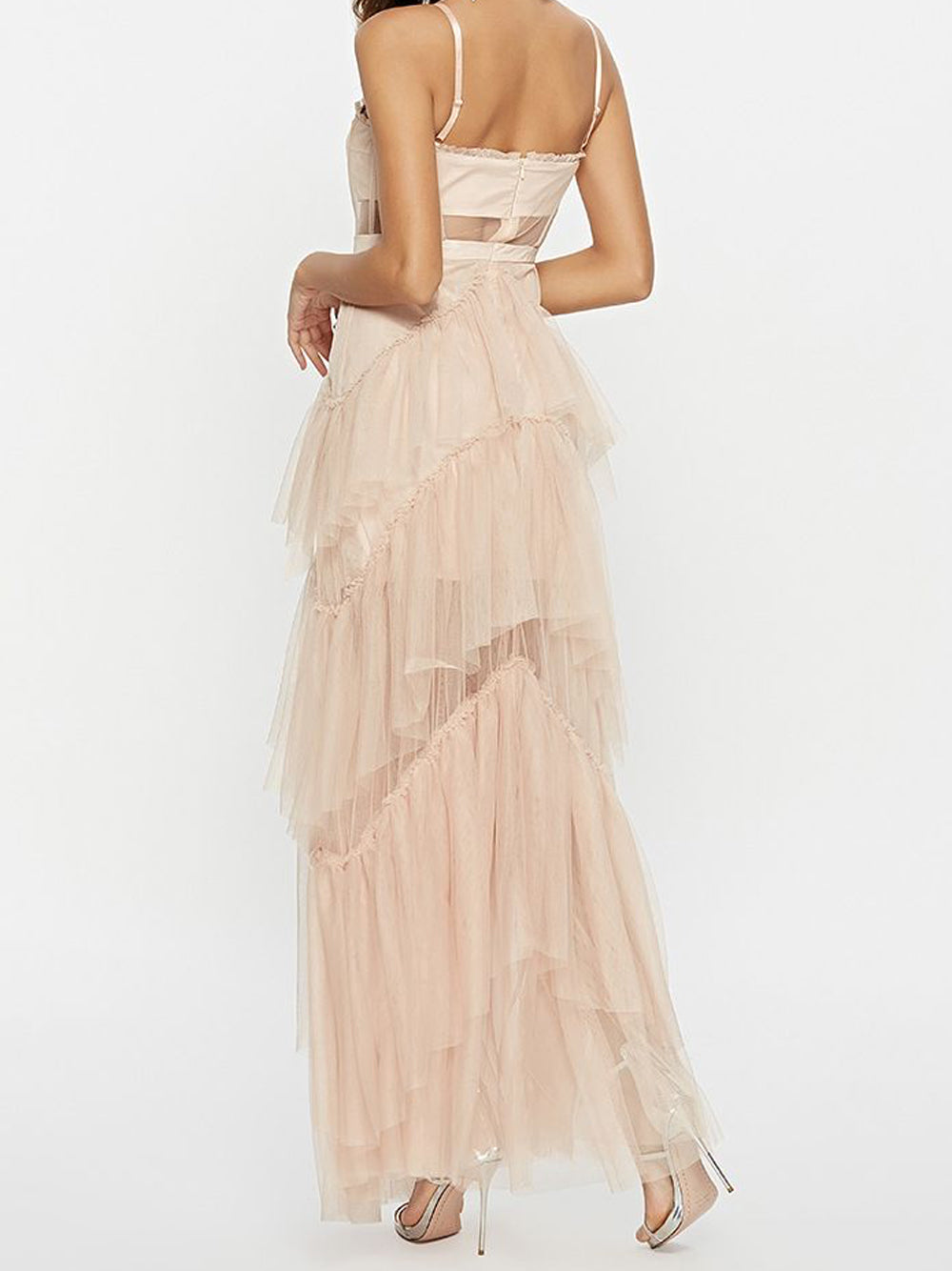 Tulle Corset Bodice Chevron Tiered Ruffle Spaghetti Strap Maxi Gown