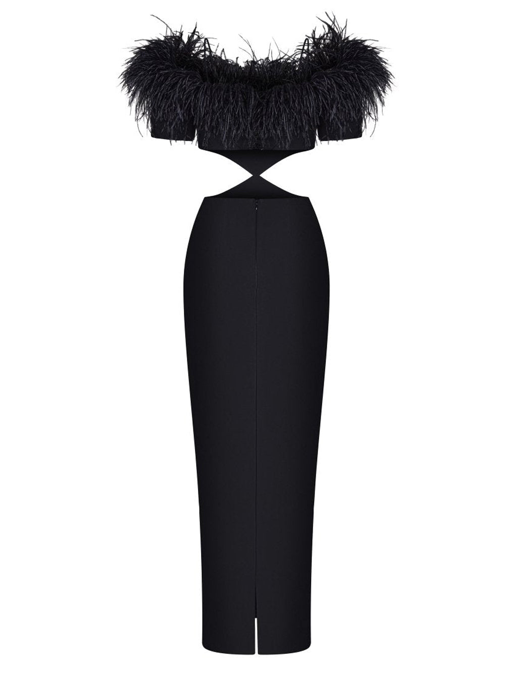 Feather Trim Off Shoulder Waist Cut Out Bodycon Maxi Gown