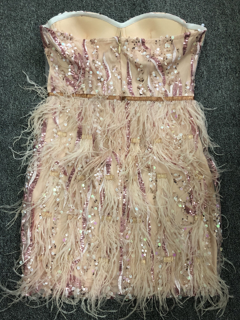 Sequin Strapless Sweetheart Bustier Feather Mini Dress