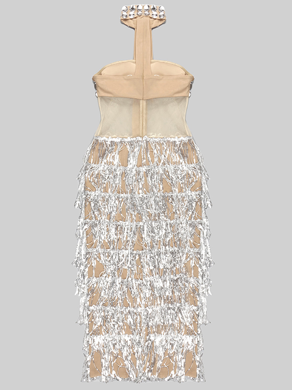 Sequin Rhinestone Halter Neck Mesh Tiered Fringe Bodycon Maxi Gown