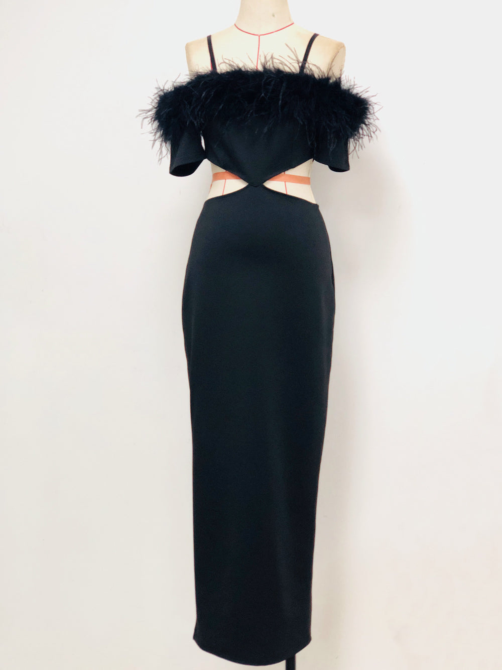 Feather Trim Off Shoulder Waist Cut Out Bodycon Maxi Gown